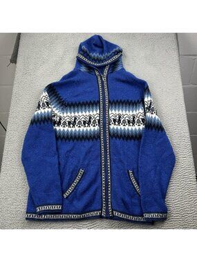 Alpaca Connection Full Zip Hoodie Sweater Blue Print Size Large Peru